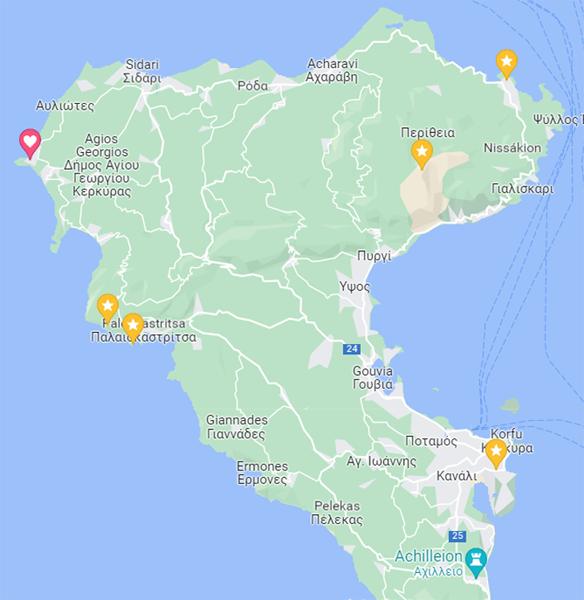 eine Google Maps Karte, die zeigt wo sich die Antheia Apartments auf Korfu befinden