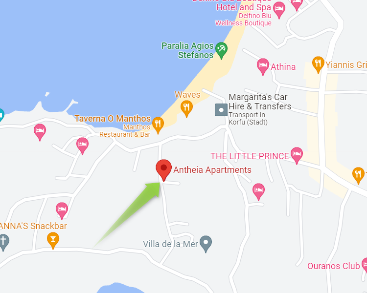 eine Google Maps Karte, die Antheia Apartments zeigt und lokale Restaurants